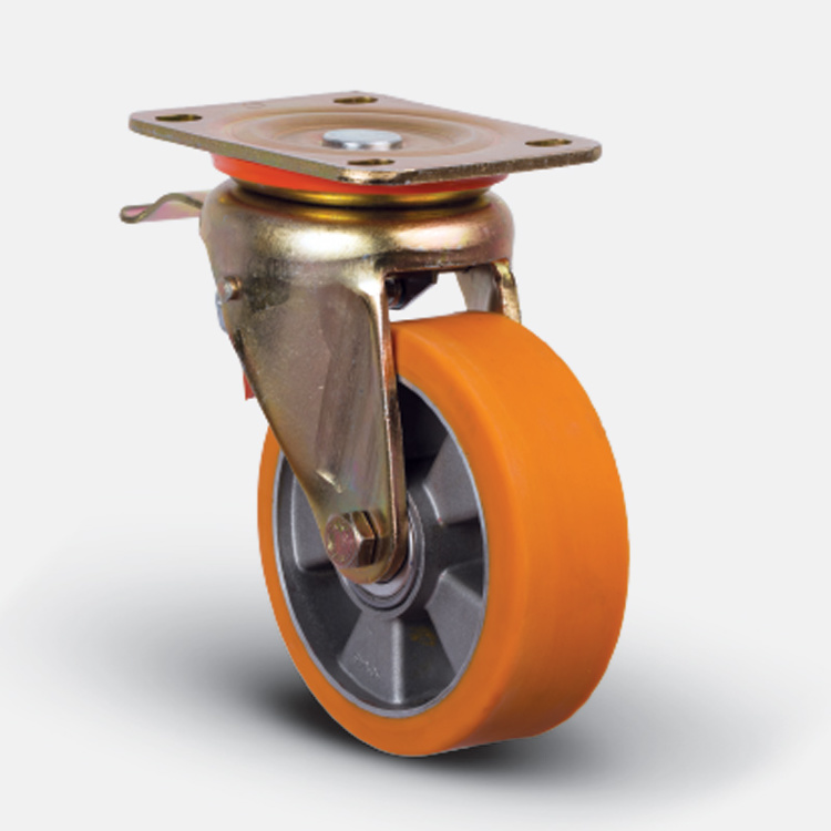 Колесо полуретановое поворотное с тормозом 100 мм ( ED01-ABP-100-F ), диск алюминий